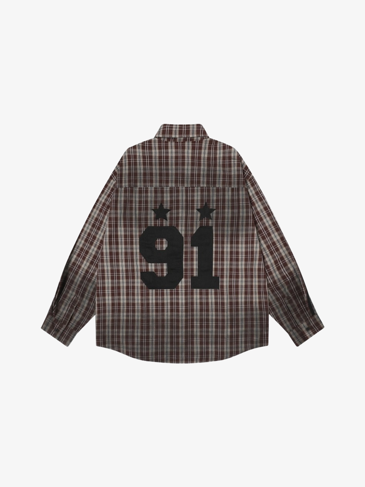 Brown Plaid Act Chic Distressed Star Patch Plaid Long Sleeve Shirt Back