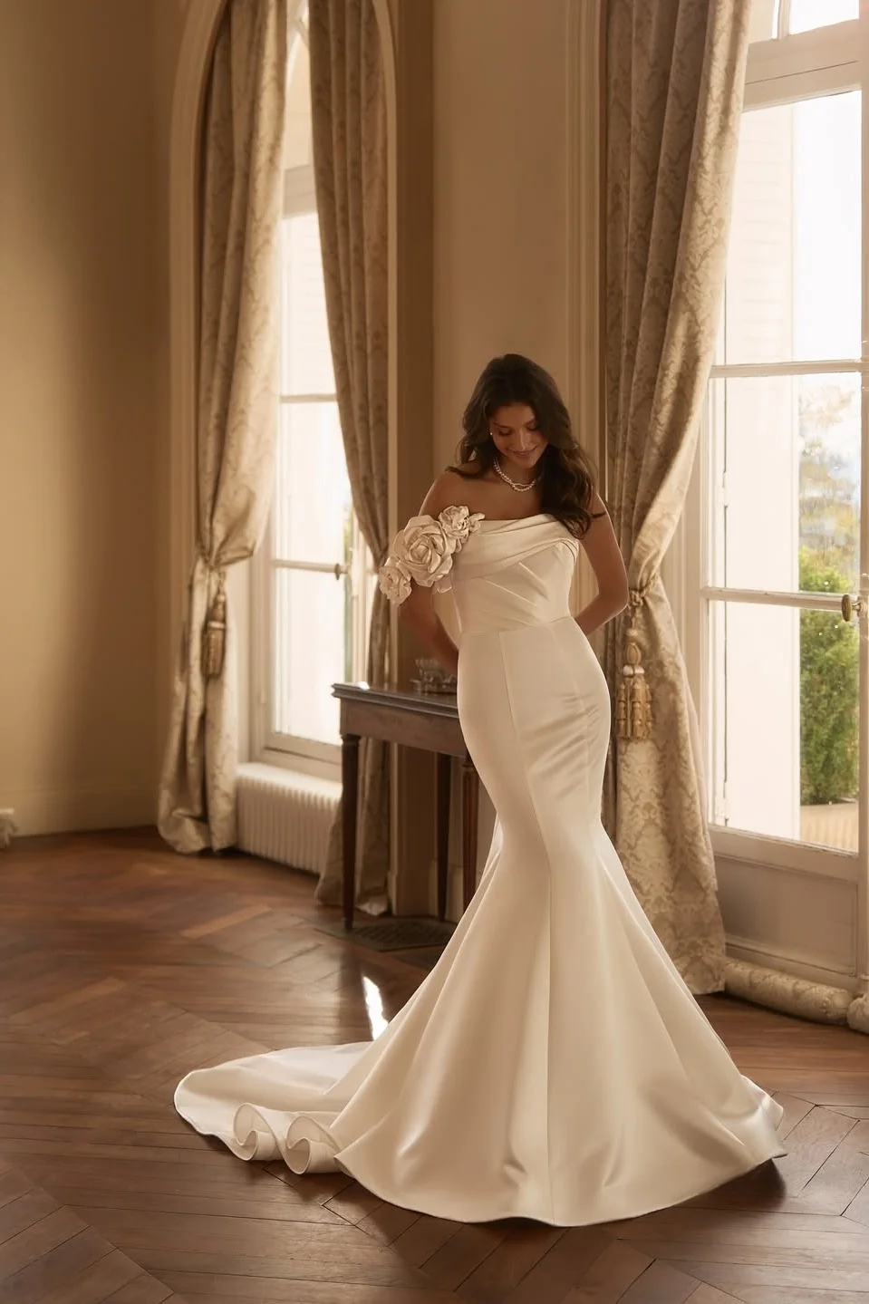 Daisda White Sleeveless Strapless Mermaid Wedding Dress With Handmede Flower