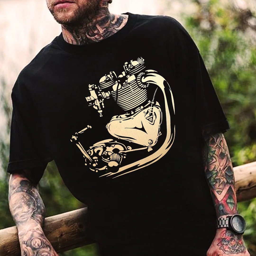 Motorcycle Engine Black Print T-shirt