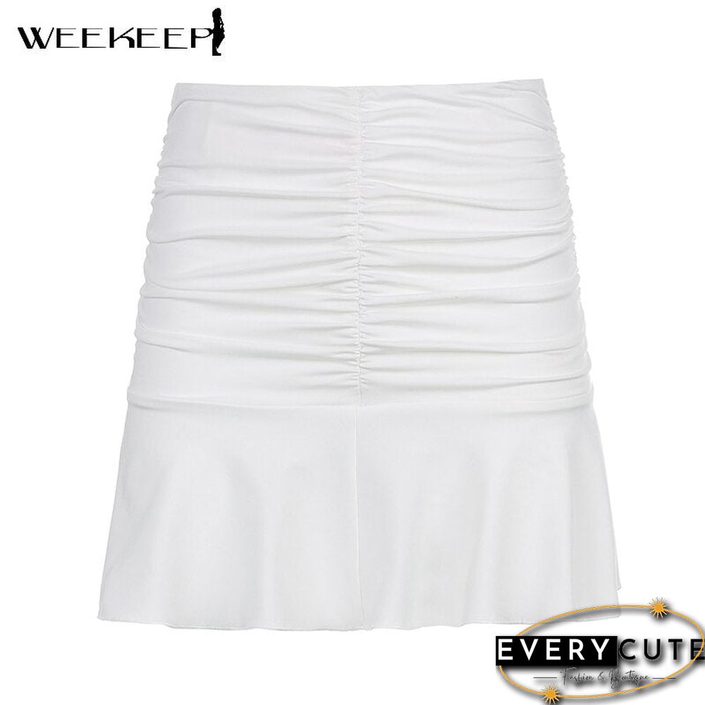 Weekeep Summer Ruched Pleated Skirt Women High Waist Fashion 90s Mini Skirts Lady Elegant New Beach Streetwear Clothes