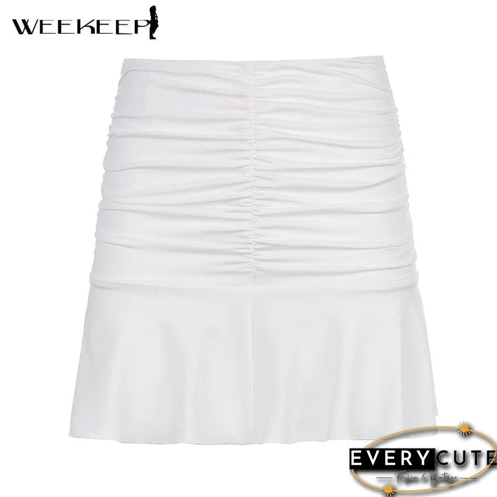 Weekeep Summer Ruched Pleated Skirt Women High Waist Fashion 90s Mini Skirts Lady Elegant New Beach Streetwear Clothes