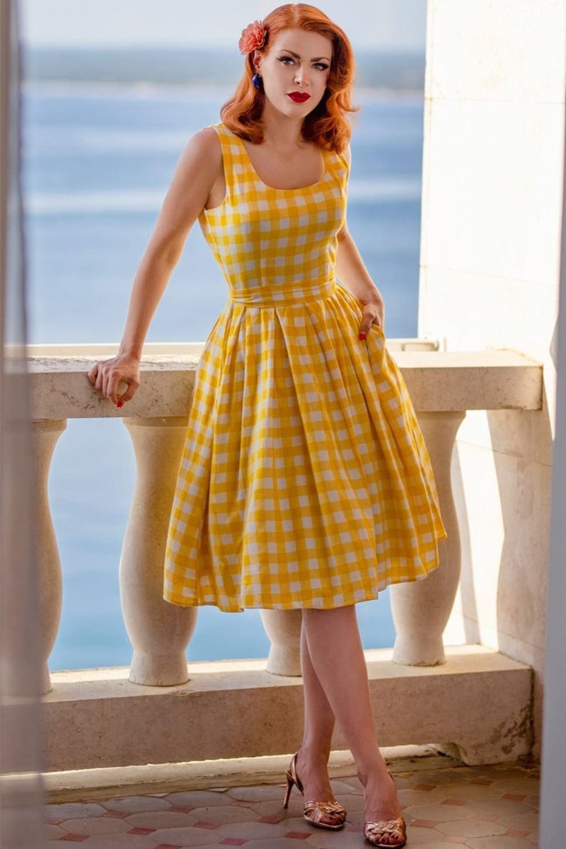 1950s Yellow Party Plaid Bow Waistband Sleeveless Swing Bell Midi Dress [Pre-Order]