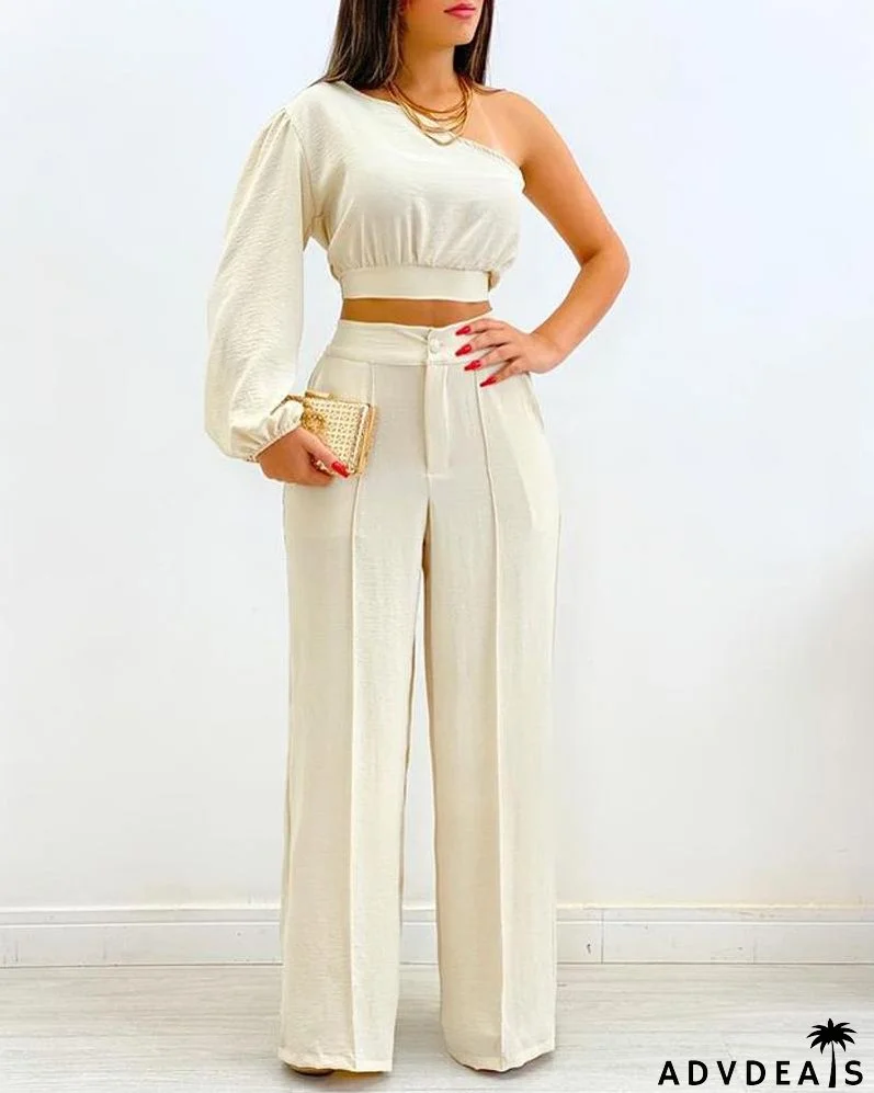 One Shoulder Crop Top & High Waist Pants Set