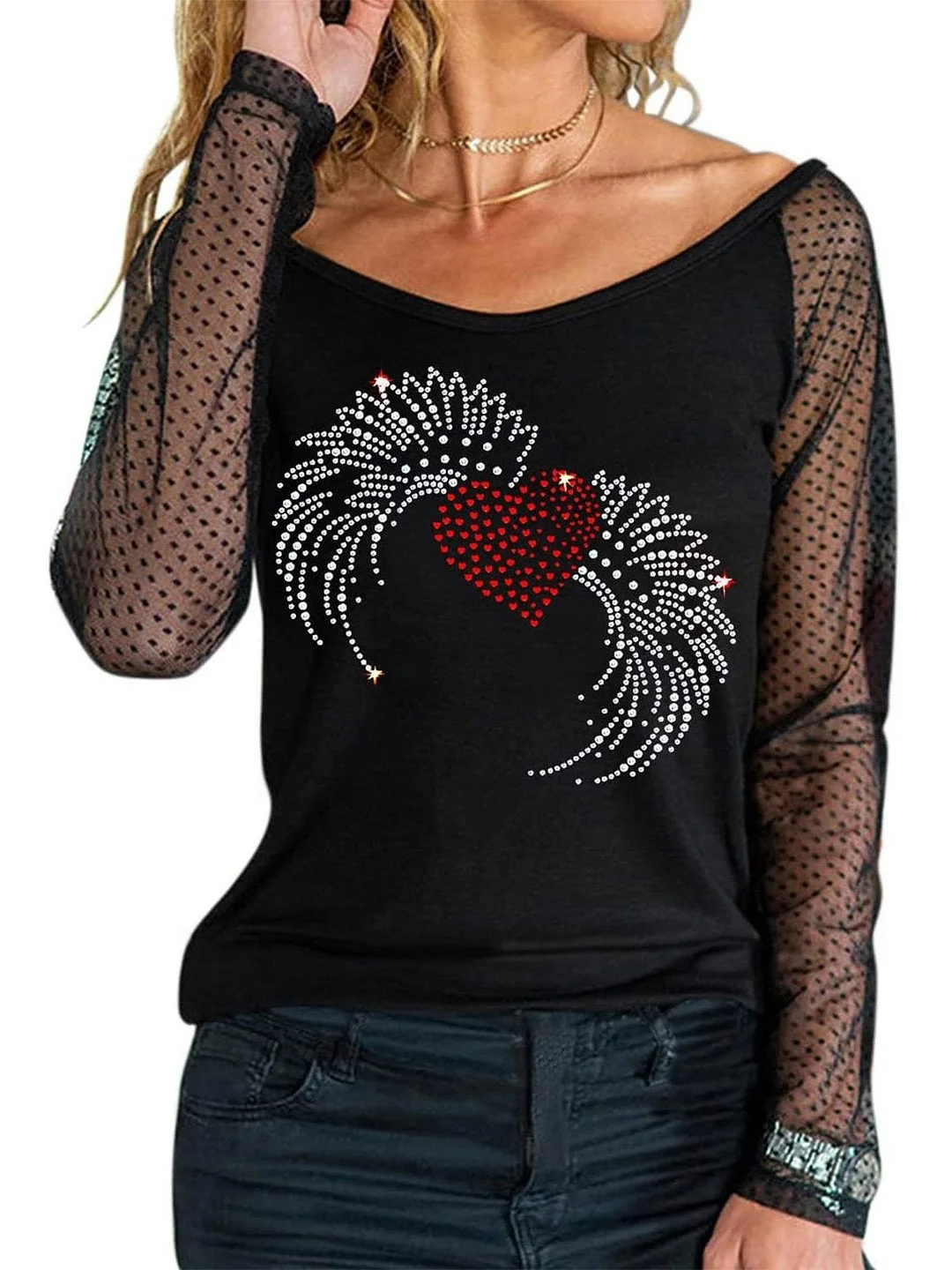 Mesh Sleeve Heart Orinted Shirt