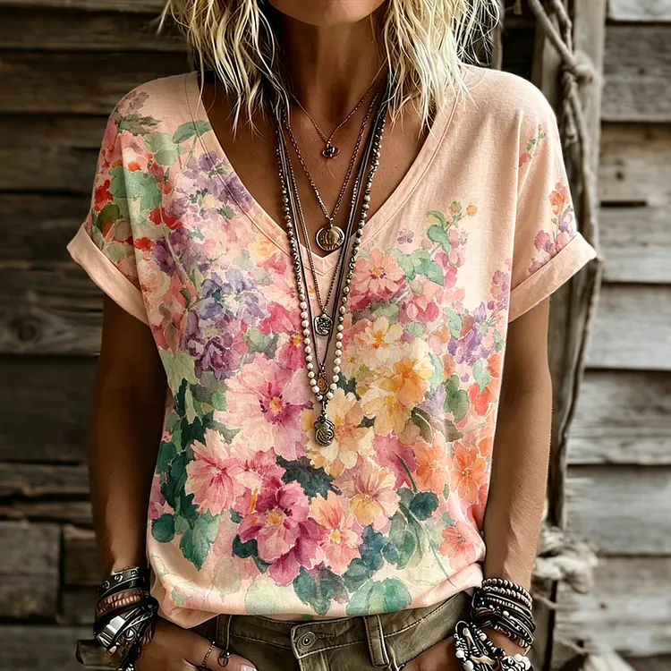 Women's Retro Watercolor Style Floral Print Casual V-neck Linen T-shirt