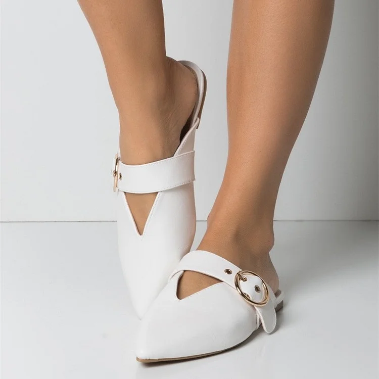 White Pointed Toe Comfortable Flat Mules with Buckle |FSJ Shoes