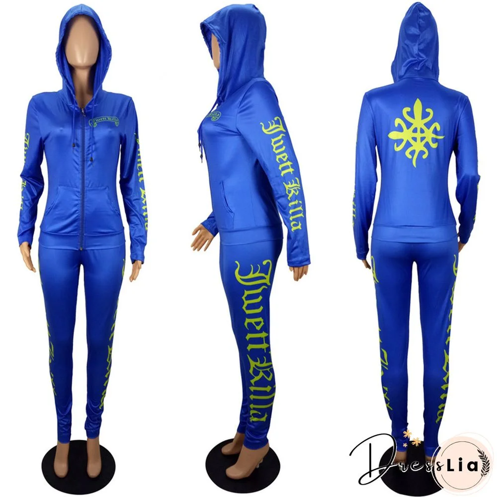 Long Sleeve Hooded Sportwear Zipper Coat Pants Two Pieces Set
