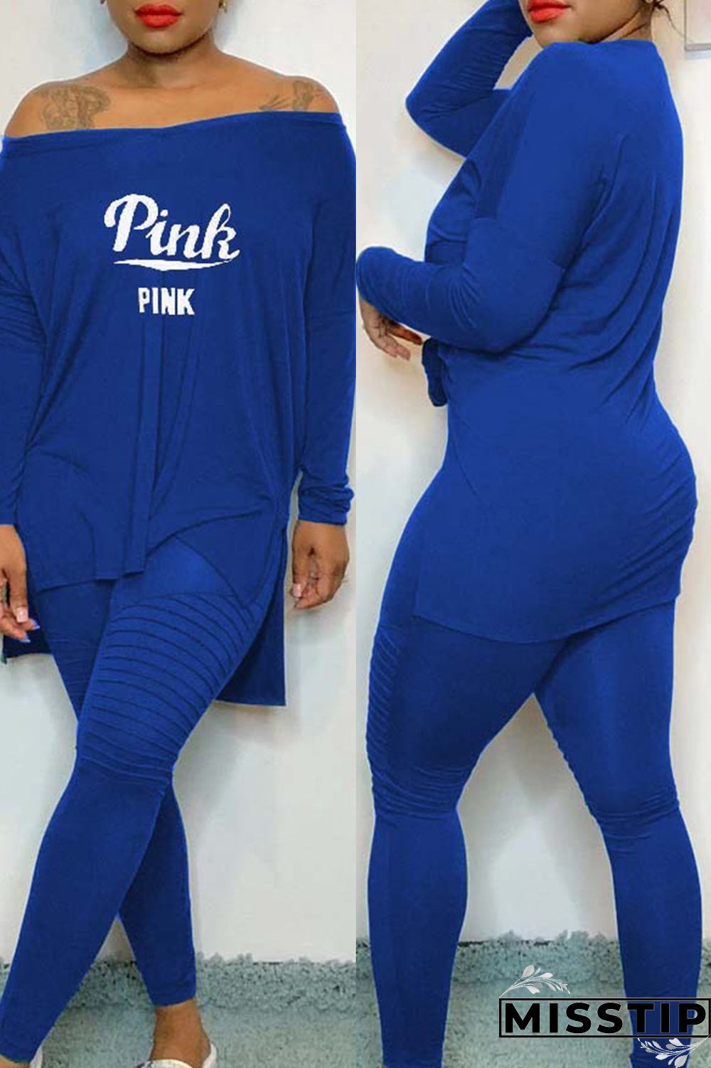 Black Casual Letter Print Slit V Neck Long Sleeve Two Pieces