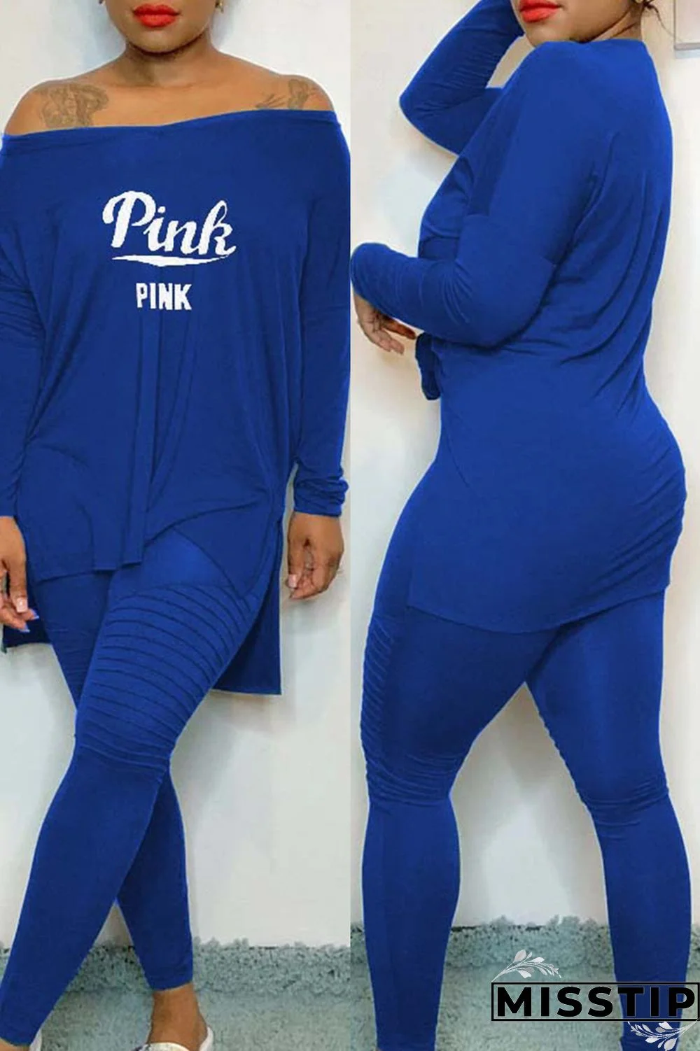 Black Casual Letter Print Slit V Neck Long Sleeve Two Pieces