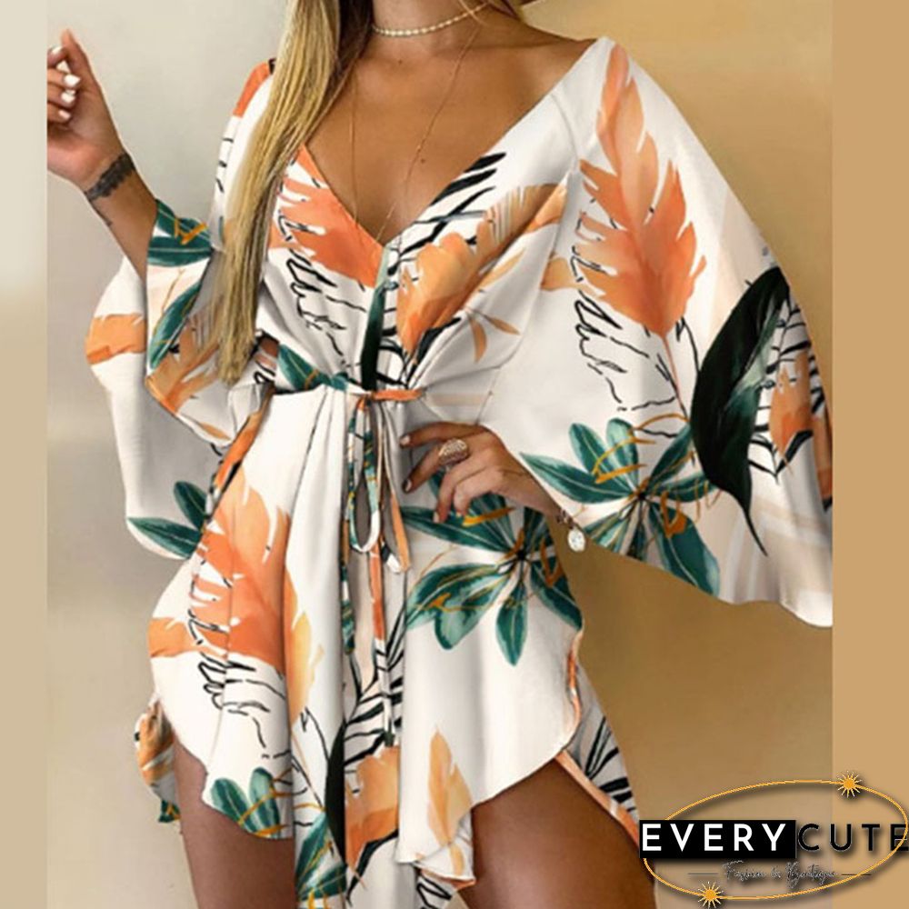 Casual Leaf Leopard Print Harajuku Batwing Sleeve Dress Lady Elegant Lace-Up Irregular