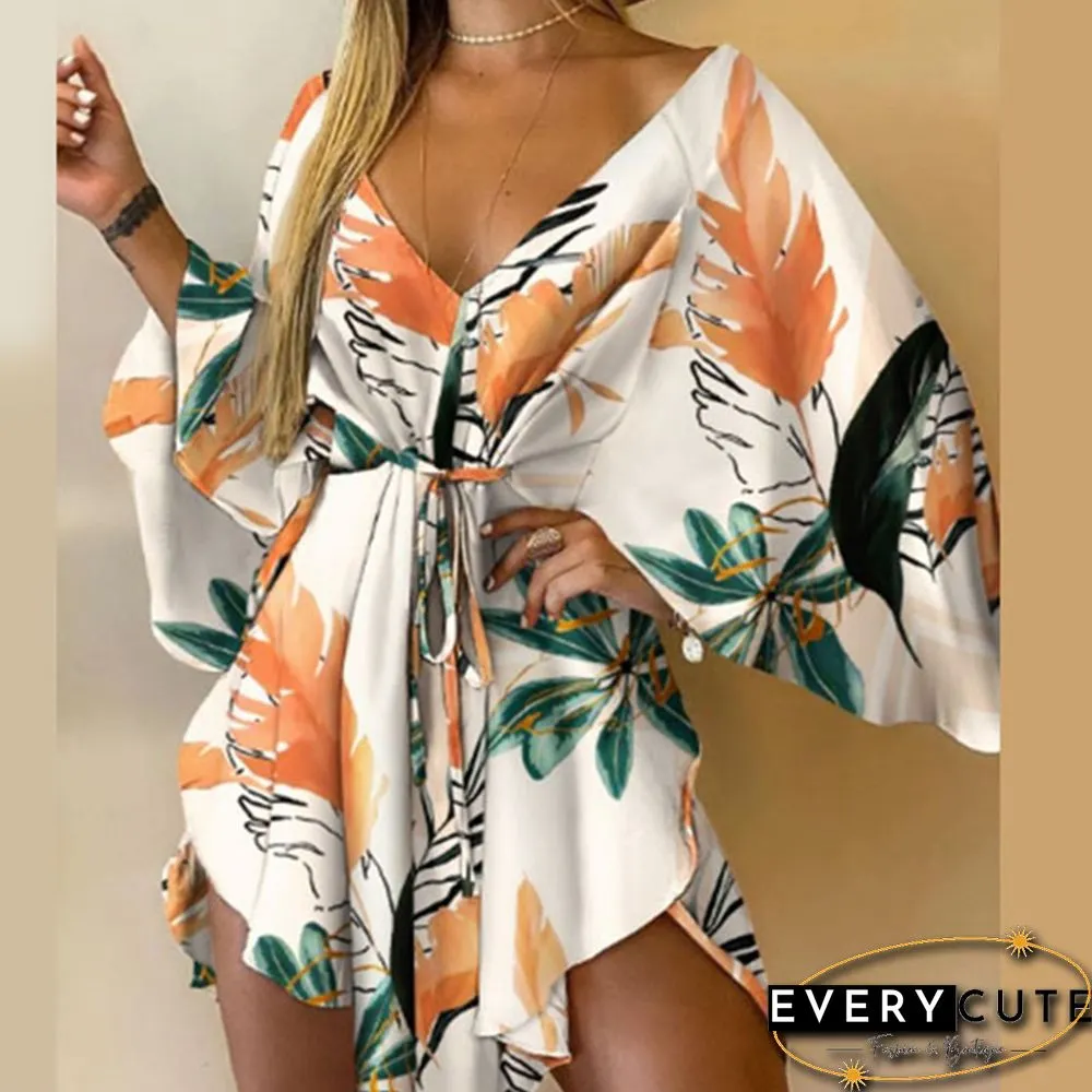 Casual Leaf Leopard Print Harajuku Batwing Sleeve Dress Lady Elegant Lace-Up Irregular