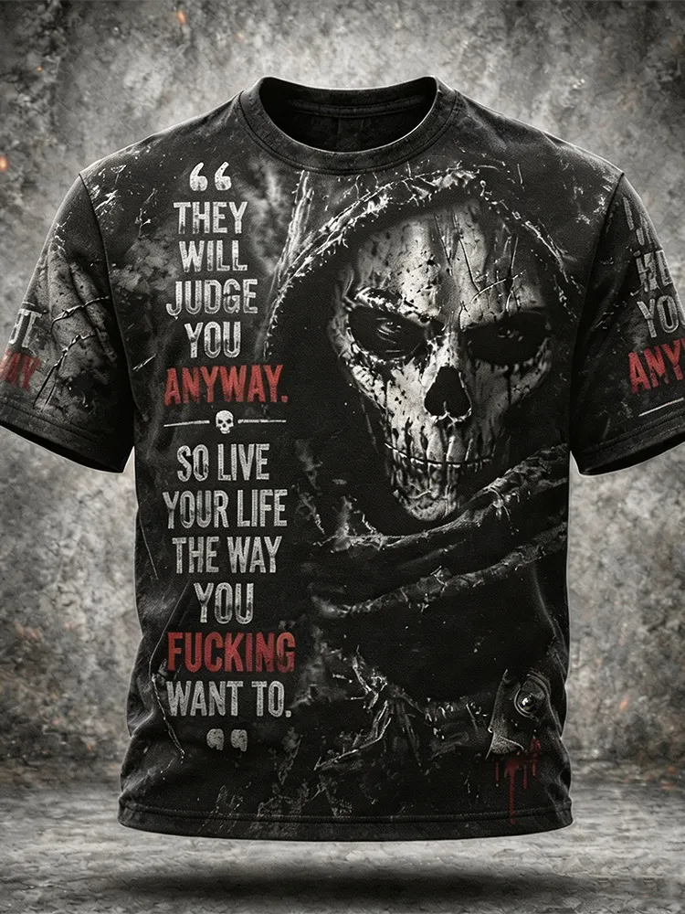 Men's Vintage Distressed Street Style Death Skull Pattern Inspirational Quotes Casual Short-sleeve T-shirt  artssus