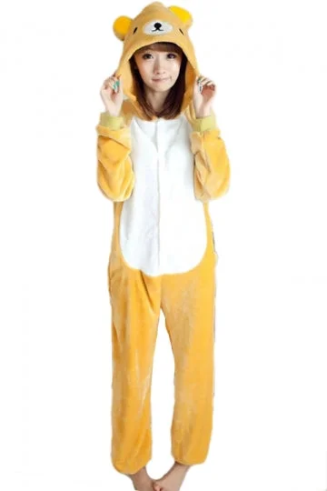 Khaki Cute Ladies Flannel Pajamas Relax Bear Halloween Jumpsuit Costume-elleschic