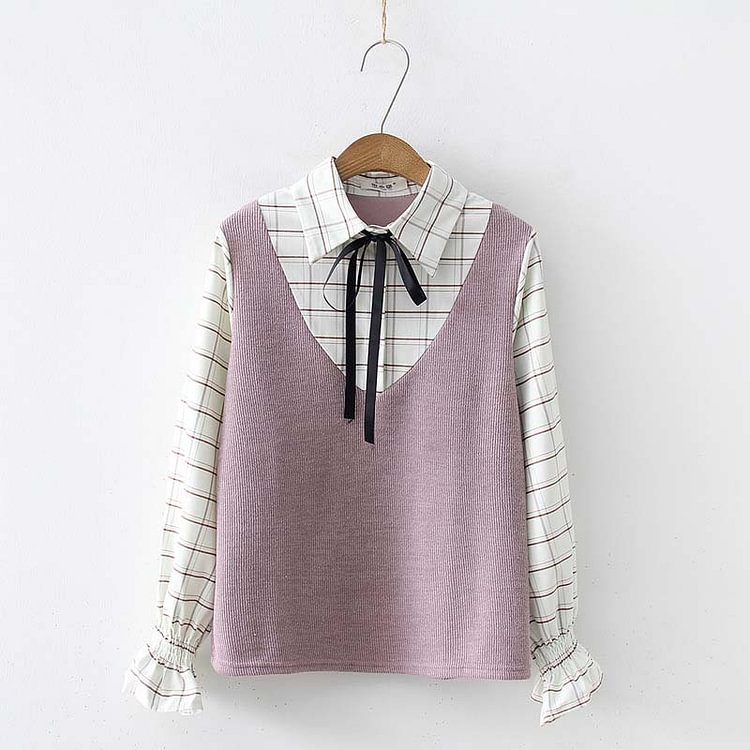 Plaid Print Stitching Fake Two-Piece Sweatshirt - Modakawa