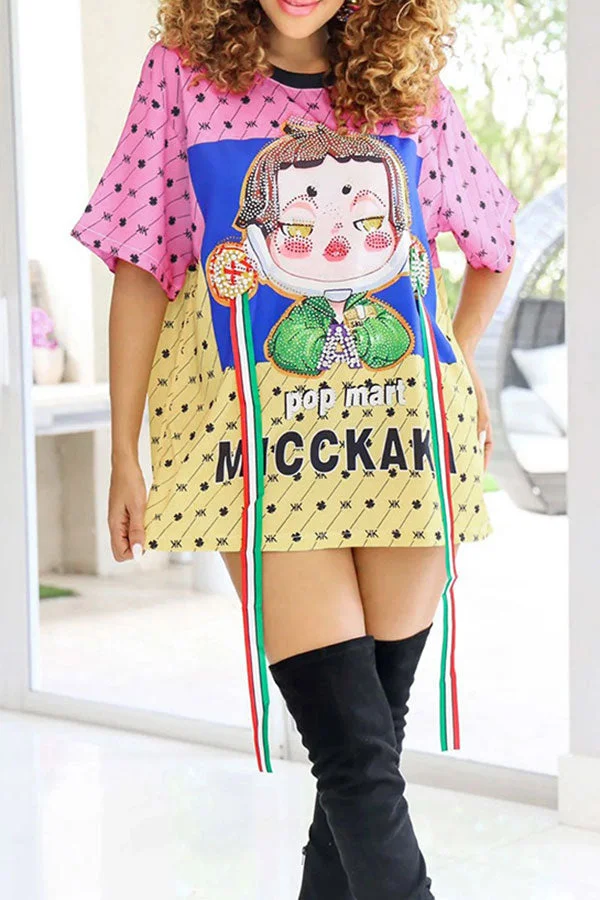 Girl Print On-trend Color Block Mini Dress