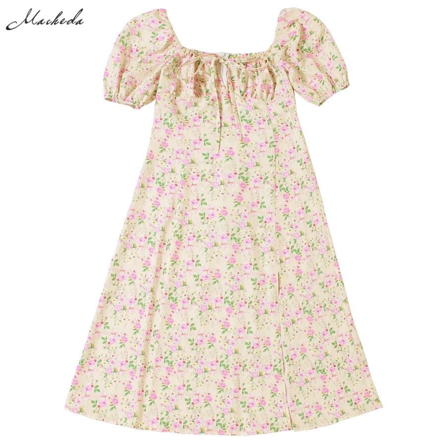 Macheda Autumn French Romance Retro Dresses Women Casual Floral Print Square Collar Puff Sleeve Clothing Midi Dresses Lady 2020