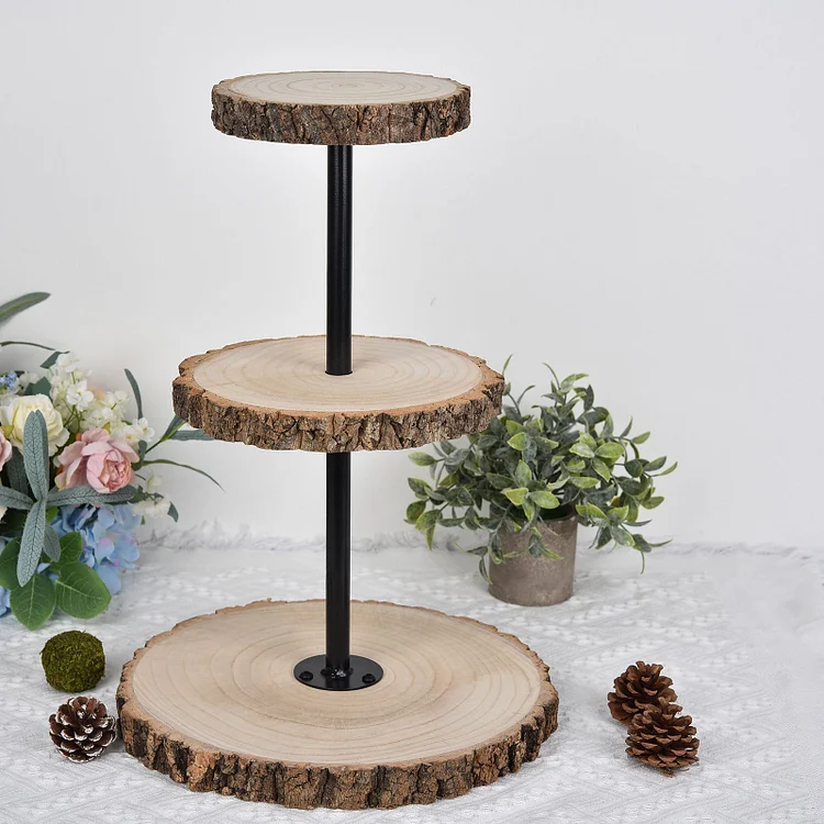 3-Tier Tower Natural Wood Slice Cheese Board Cupcake Stand, Rustic Centerpiece - Assembly Tools Included 19"