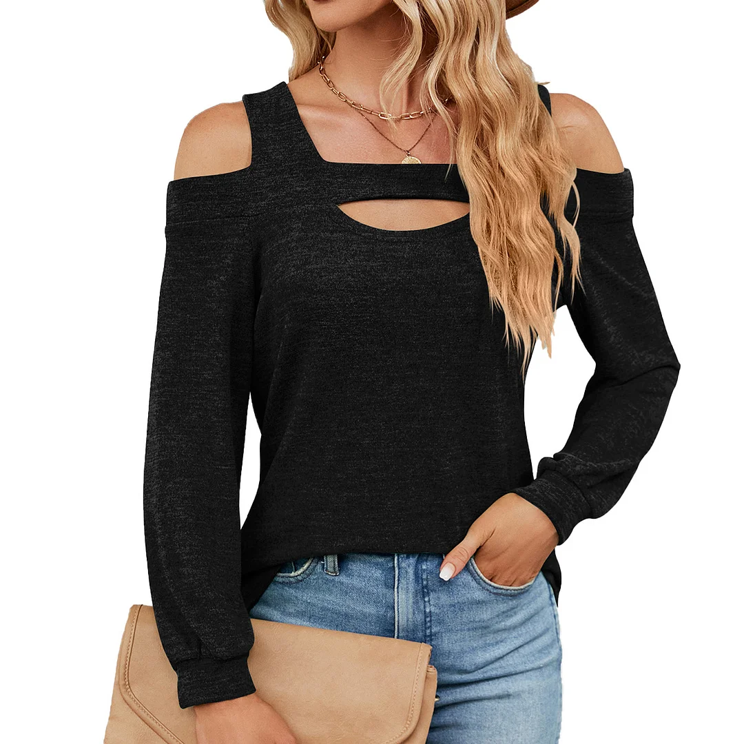 Ueong Ueong 2023 New U Collar Off-Shoulder Splice Long Sleeve Loose T-Shirt Top Women