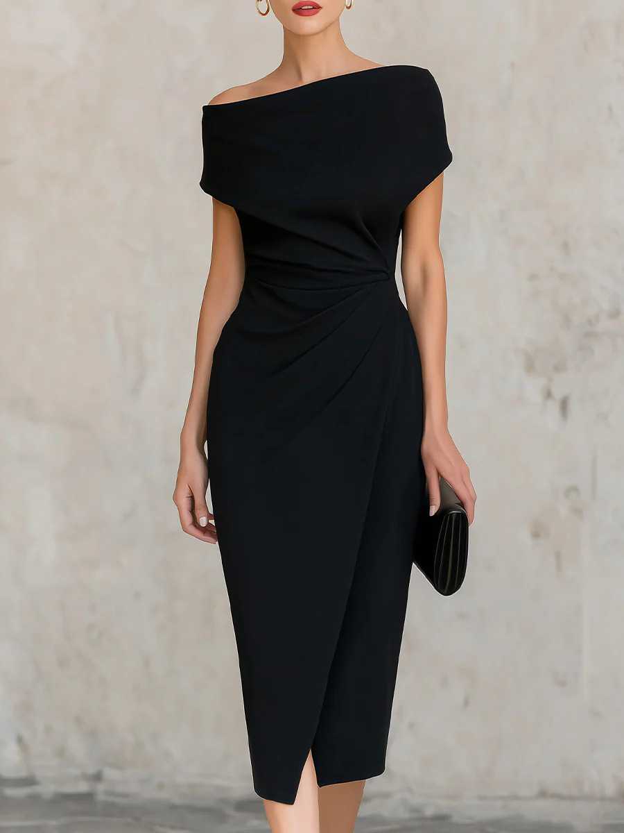 Women's One-shoulder Waisted Pleated Dress elevenforest