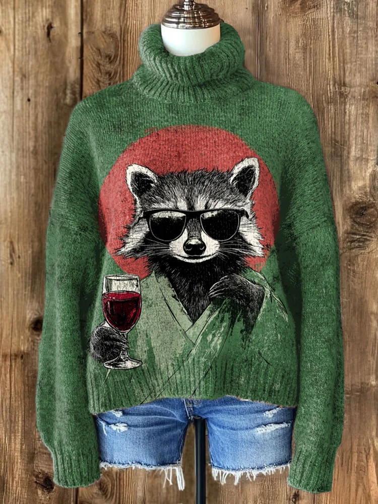 Women's Kimono Raccoon Drinks Wine Art Print High Neck Knit Sweatshirt