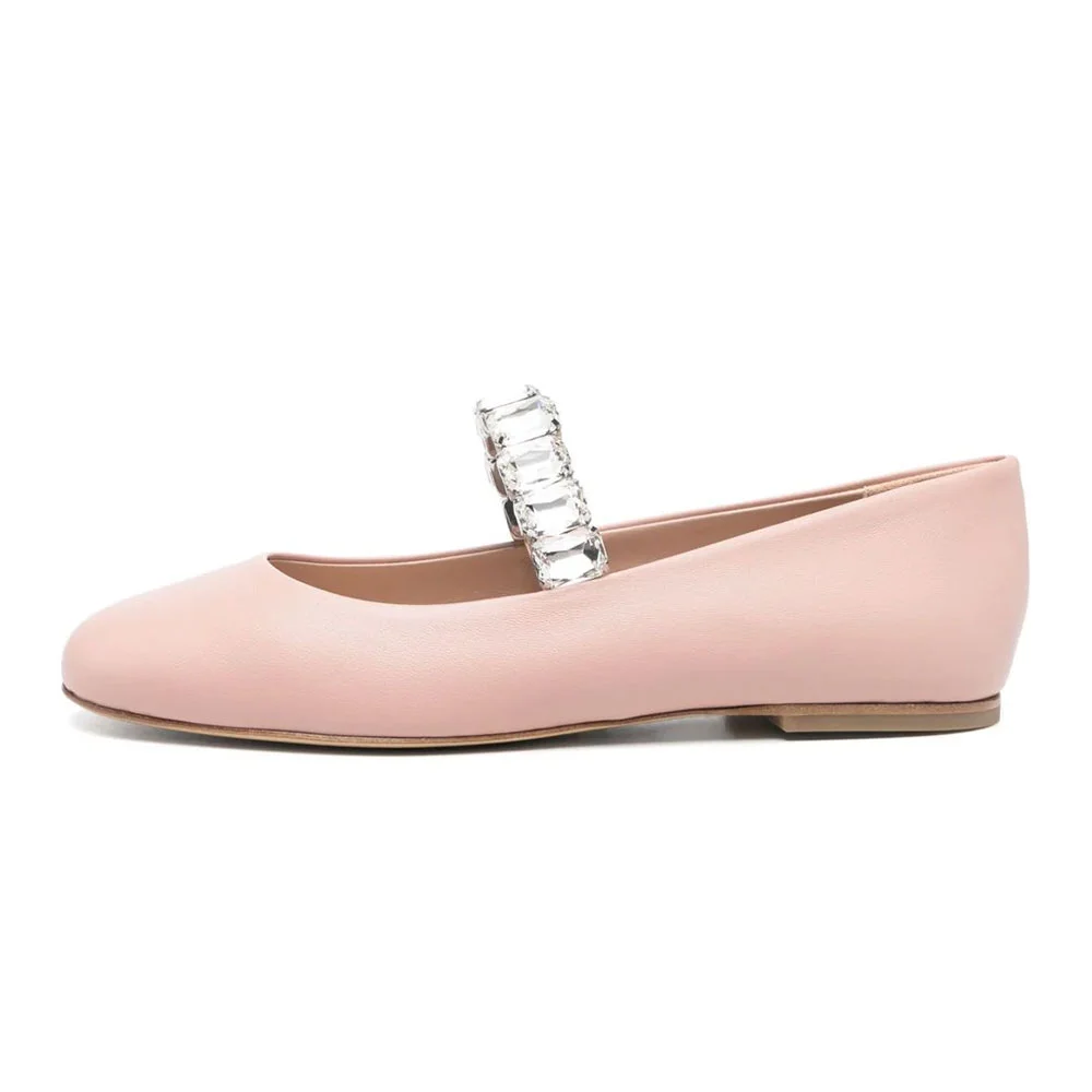 Women's Pink Mary Jane Round Toe Ballet Flats with Rhinestone Strap