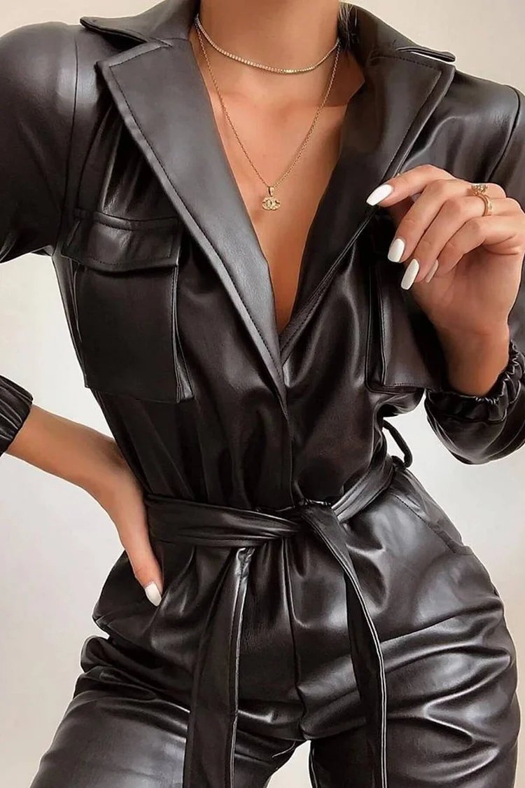 Tie Waist Faux Leather Jumpsuit