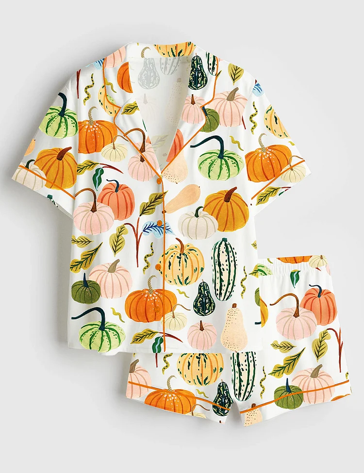Women&rsquo;s Watercolor Pumpkins Fall Season Fall Leaves Girl Pumpkin Spice Autumn Pumpkin Halloween Short Sleeve Satin Pajama Set