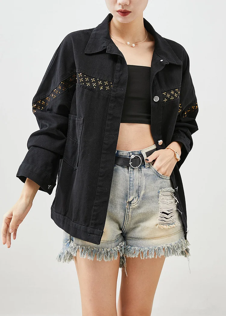 Women Black Sequins Patchwork Denim Coats Fall