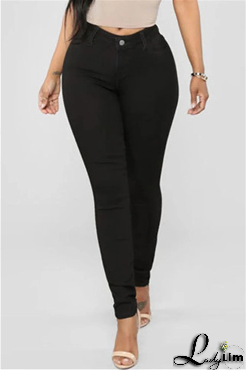 Black Fashion Casual Solid Basic High Waist Skinny Denim Jeans