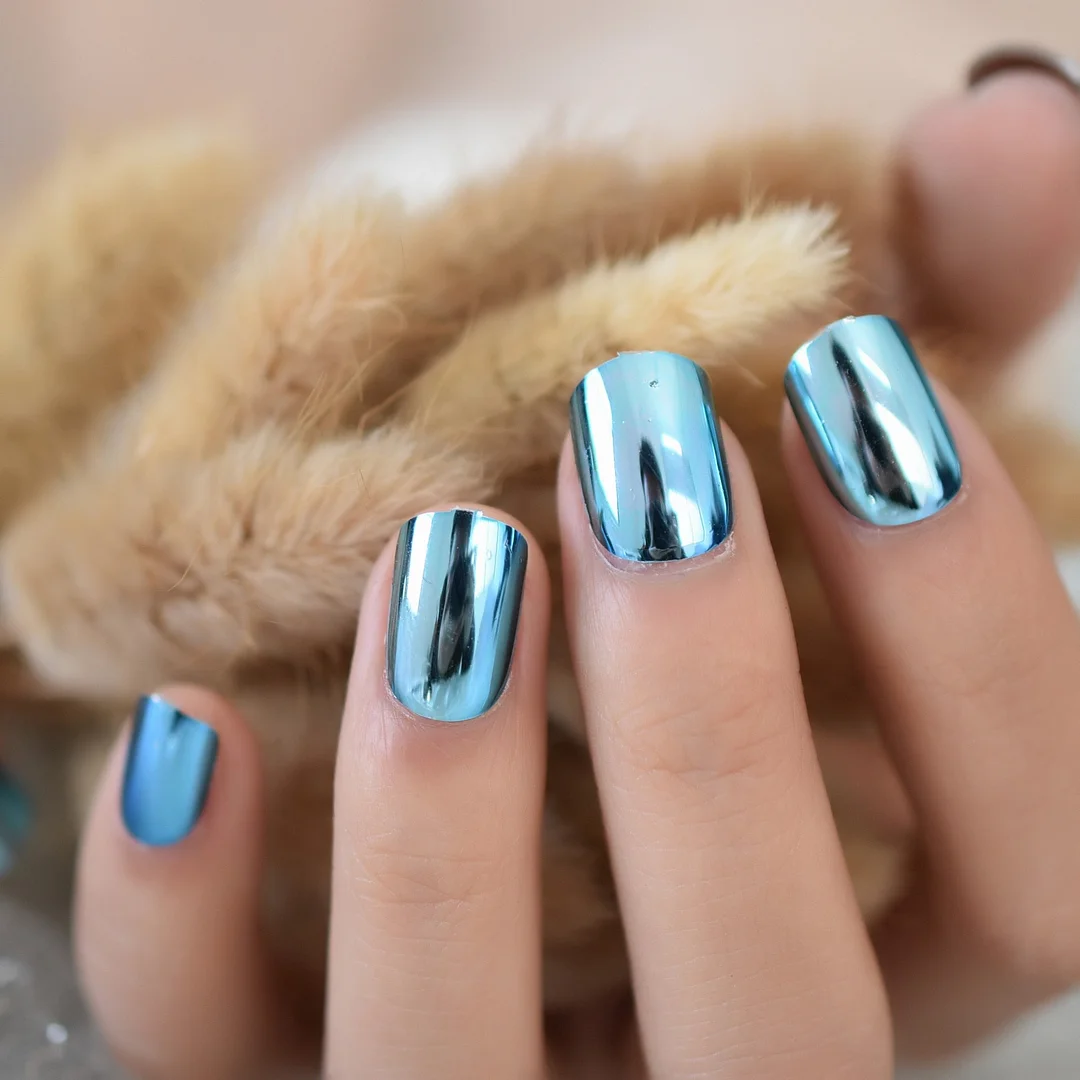 Shine Rock Style Mirror Light Fake Nail Patch Metal Plating Press On Nail Artificial Tip Light Blue Metallic Hard Nail Stuff-Nail Inspo
