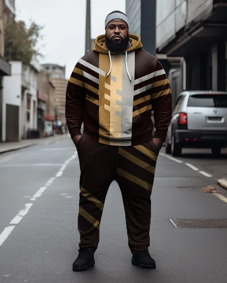 Men's Plus Size Geometric Color Block Casual Hoodie and Sweatpants Two Piece Set