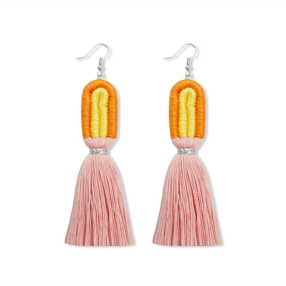 Dvacaman Bohemian Rainbow Handmade Macrame Earrings for Women Cotton Thread Feather Fringe Tassel Dangle Earrings Ethnic Jewelry