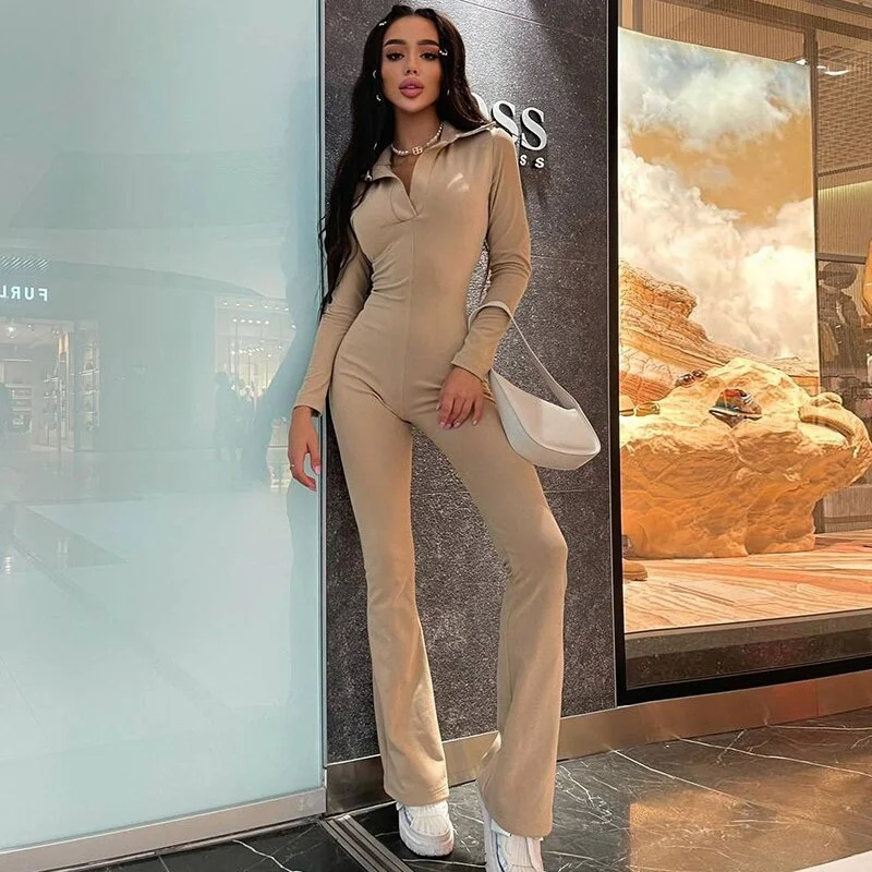 Hugcitar Pure Color Polo Neck High Waist Flare Leggings Jumpsuit 2021 Autumn Women Stretch Sexy Streetwear Casual