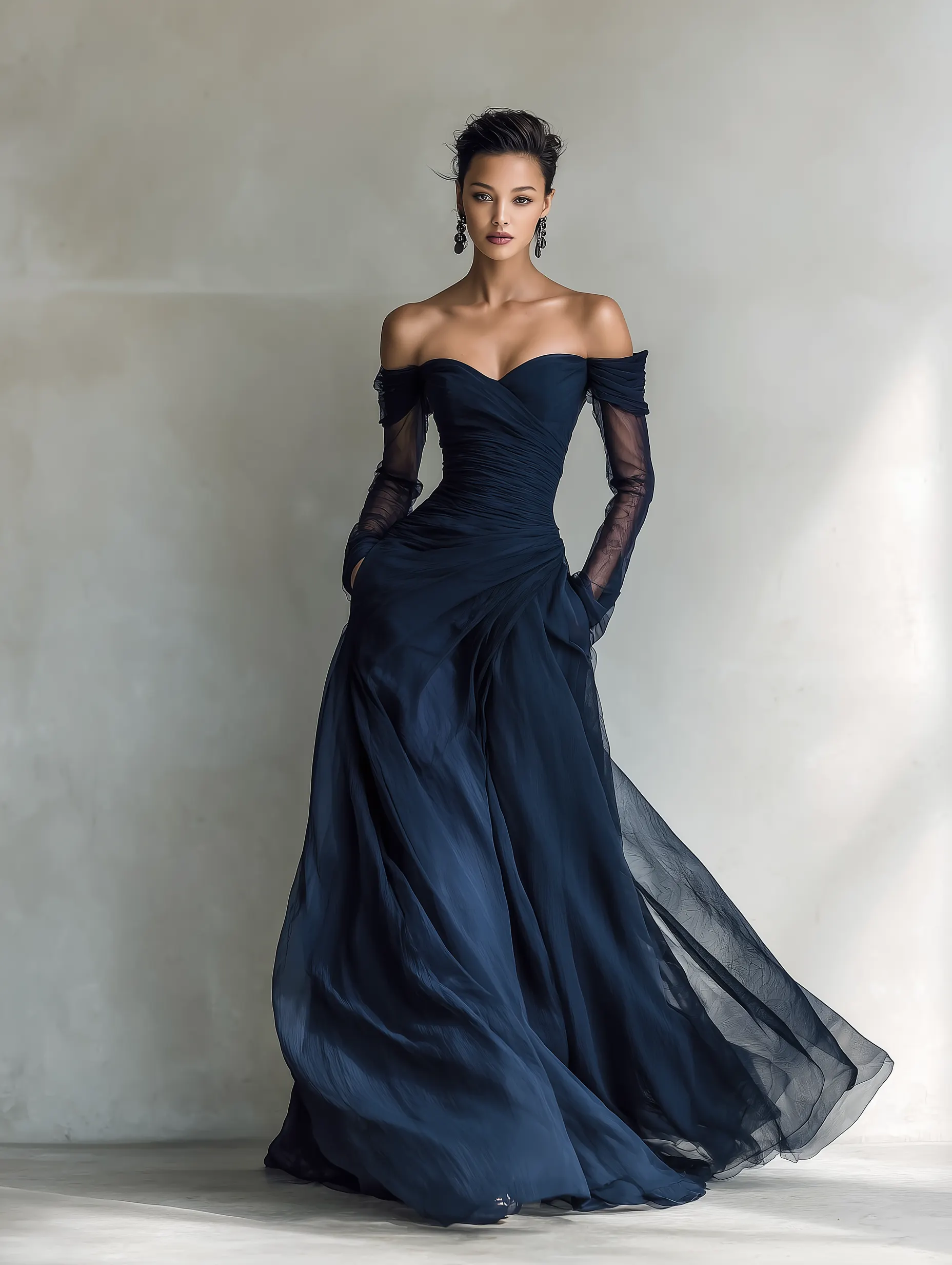 Lussooy Elegent Dark Navy Long Sleeves Off The Shoulder Long Prom Dress 
