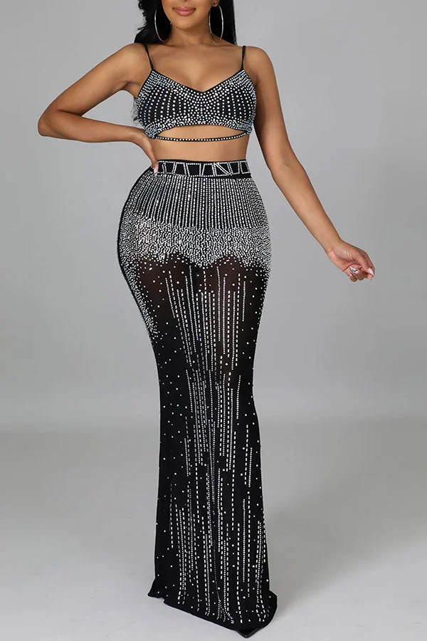 Rhinestone Party See-Through Dress Suit