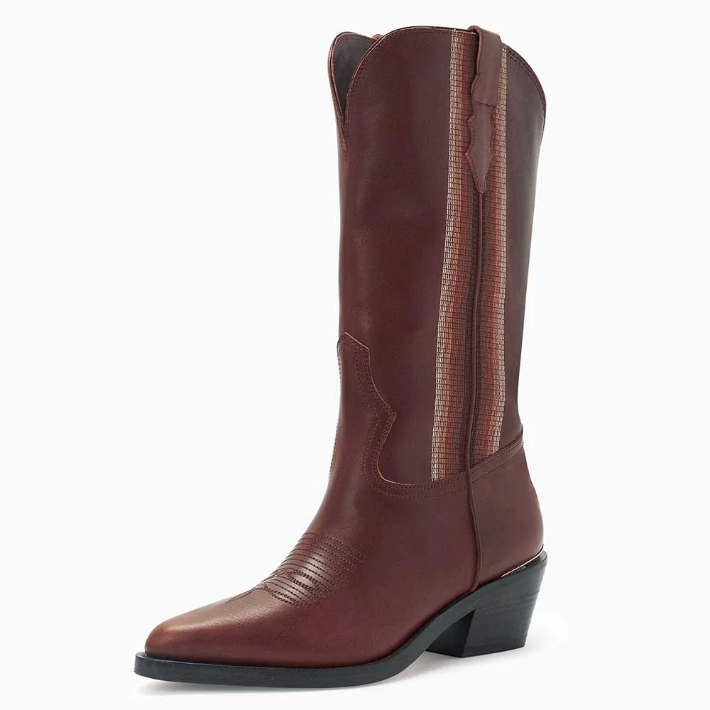 Maroon Pointed Toe Chunky Heel Cowgirl Boots with Ombre Stitching