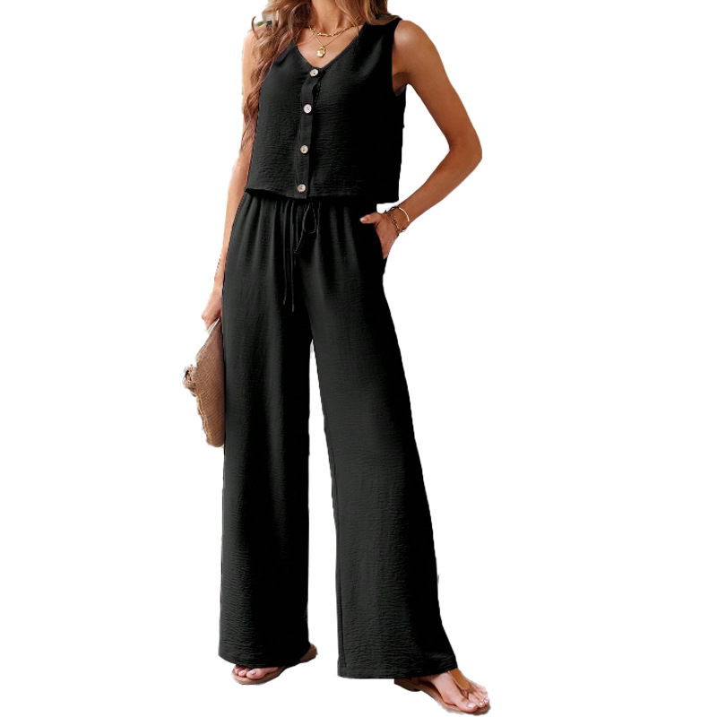 Mature Women Sleeveless Vest Wide Leg Pants Two-piece Suit