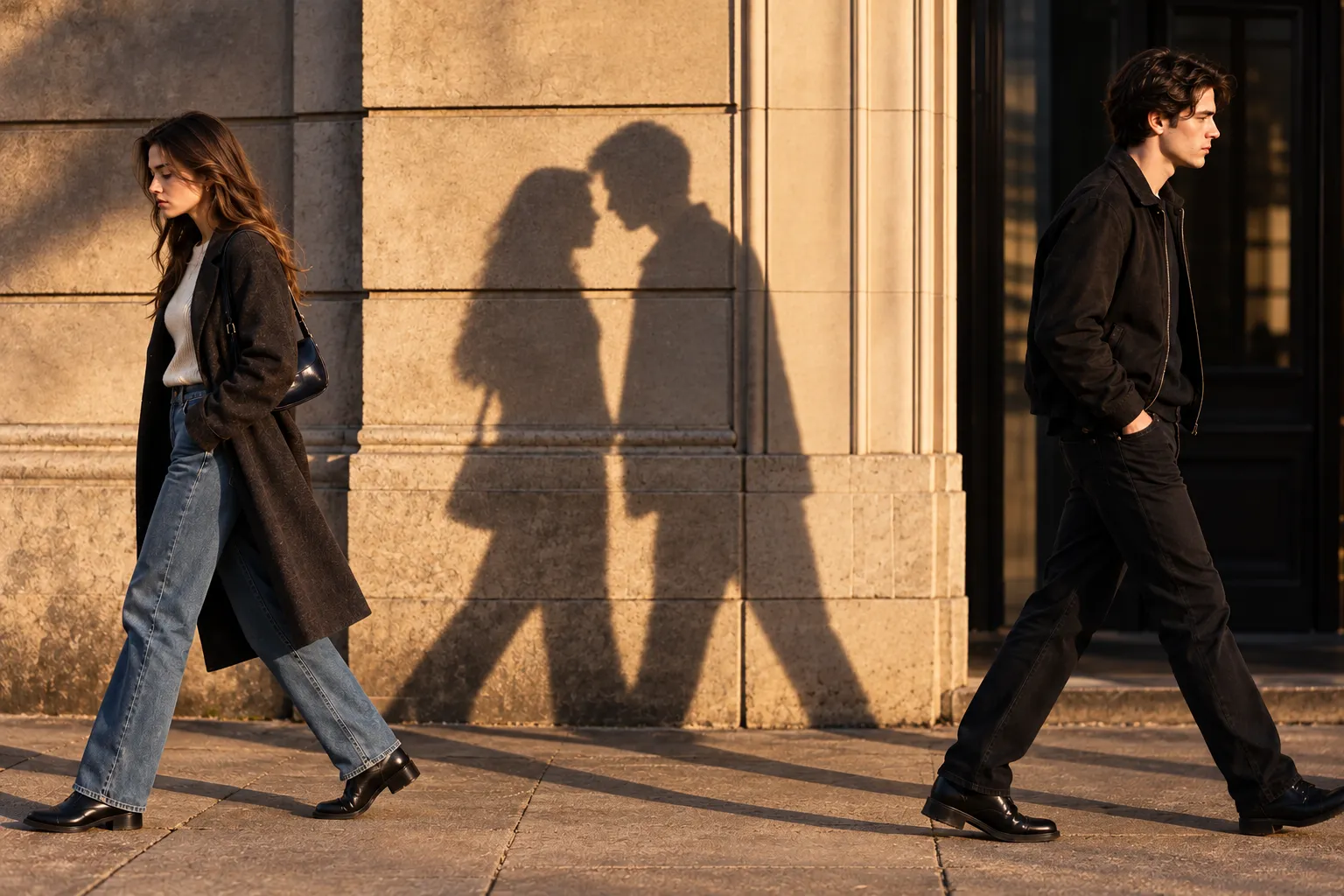 Former couple walking away from each other while their shadows still face one another