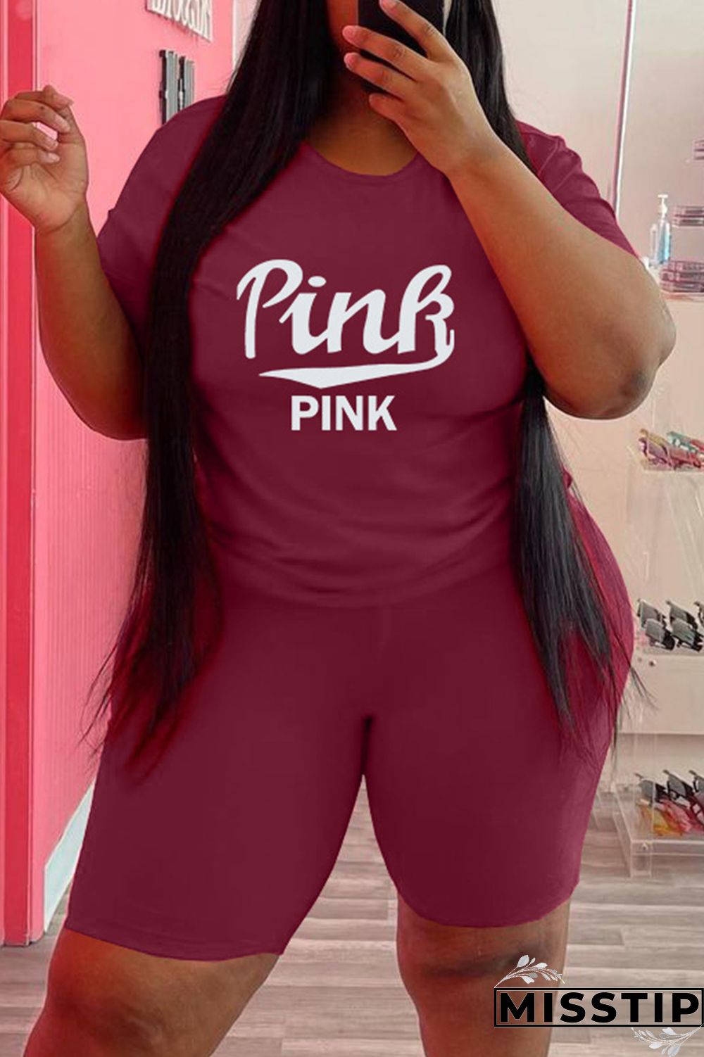 Army Green Fashion Casual Letter Print Patchwork O Neck Plus Size Two Pieces