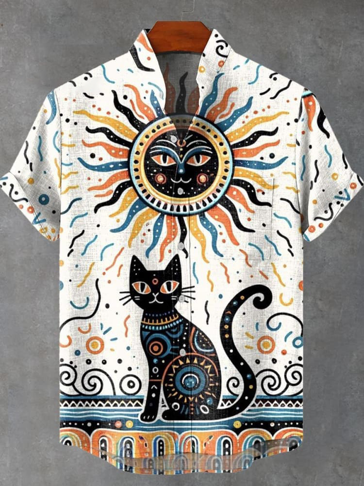 Men's Abstract Kitten Art Casual Vacation Cartoon Print Shirt PLUSCLOTHESMAN