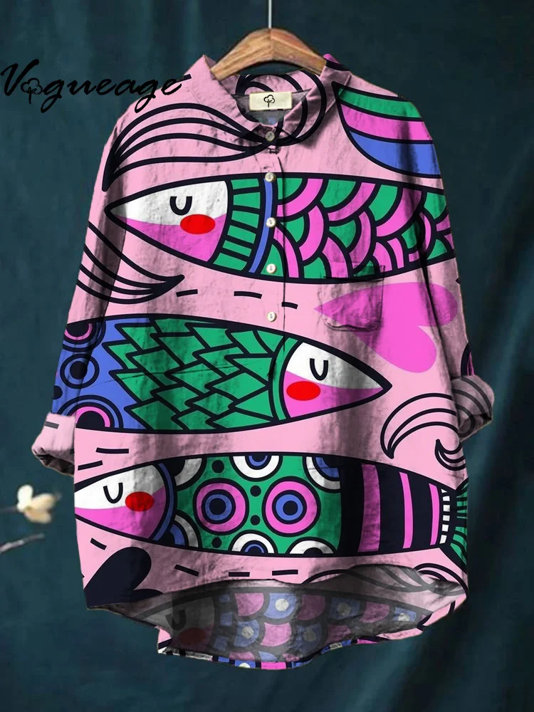 Line Cartoon Colorful Fish Print Cotton And Linen Shirt