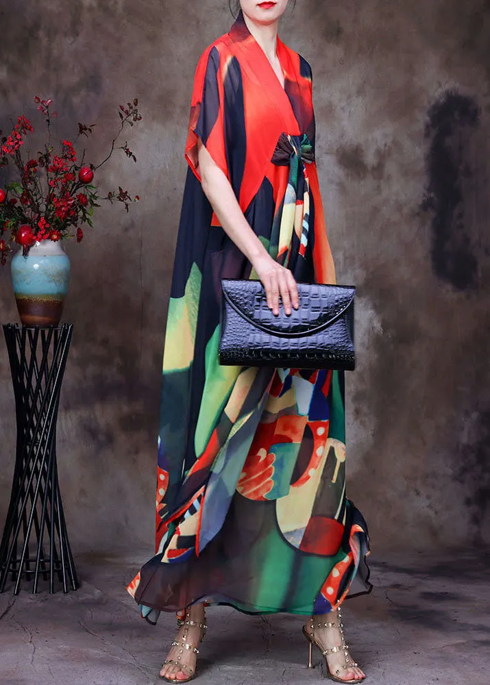 Plus Size Red Print Asymmetrical Design chiffon beach dress spaghetti strap two pieces set