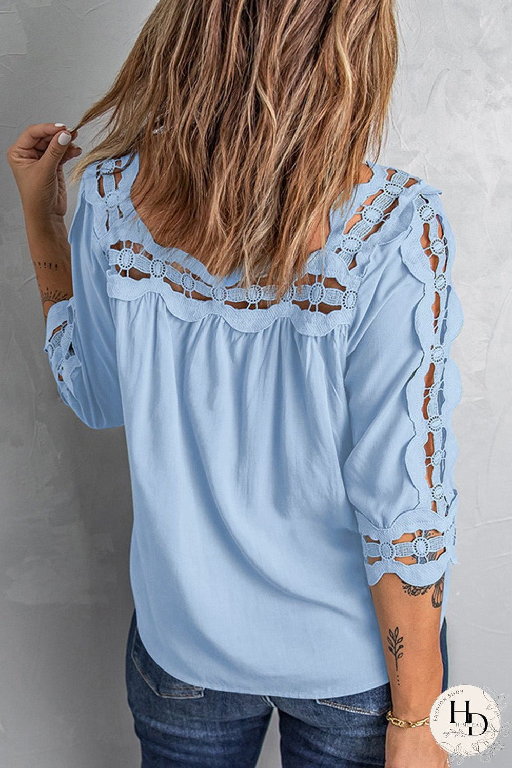 Crochet Openwork Three-Quarter Sleeve Blouse