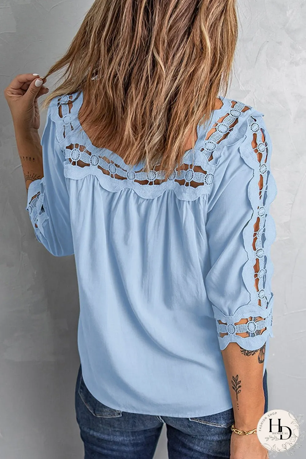 Crochet Openwork Three-Quarter Sleeve Blouse