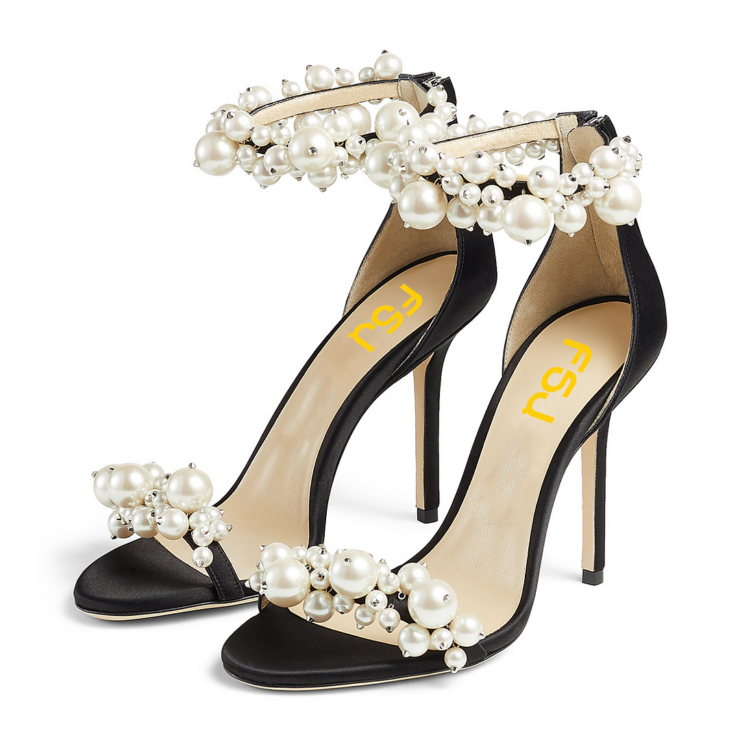 Black Leather Sandals With Pearl Decor Ankle Strap Sandals Nicepairs