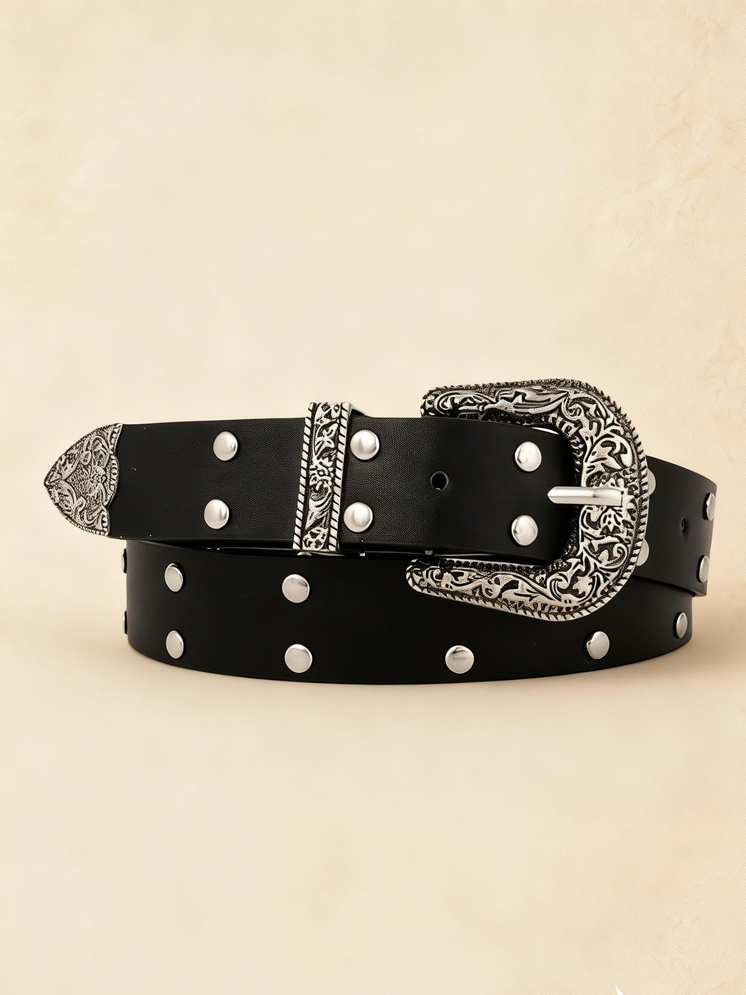 Ideal For Music Festivals Or Western Adventure &mdash; Obsidian Black Vintage Silver Engraved Buckle & Studded Premium Faux Leather Cowgirl Belt