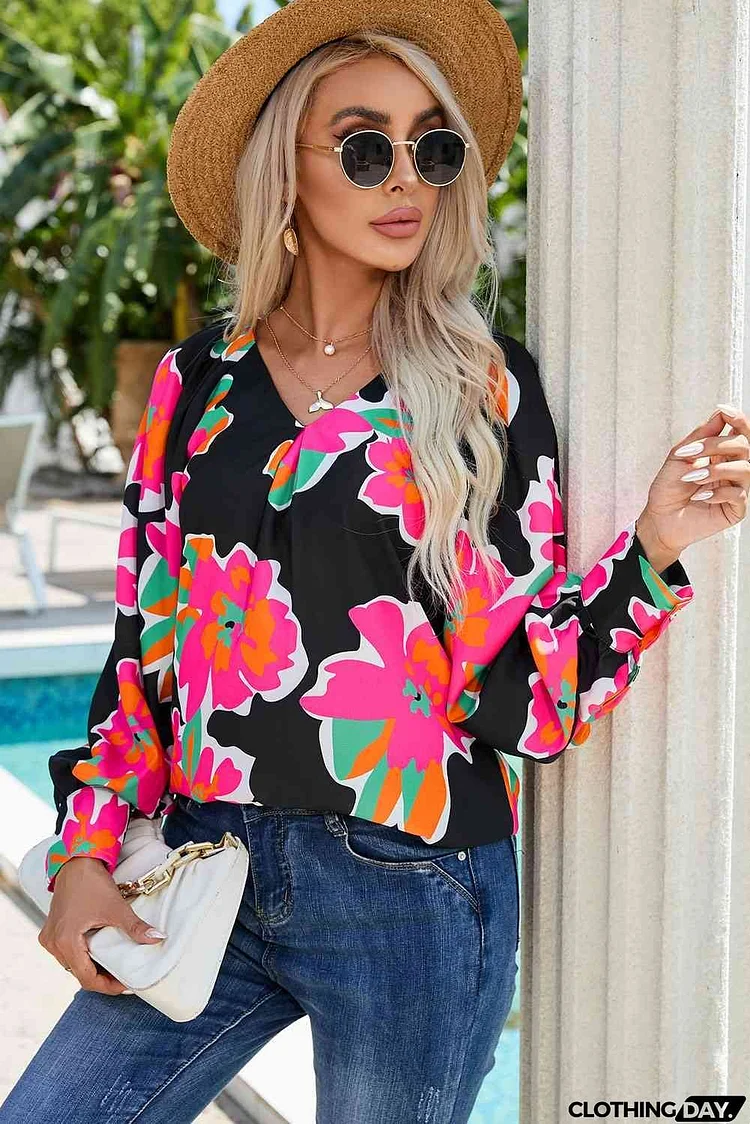 Floral V-Neck Long Sleeve Blouse