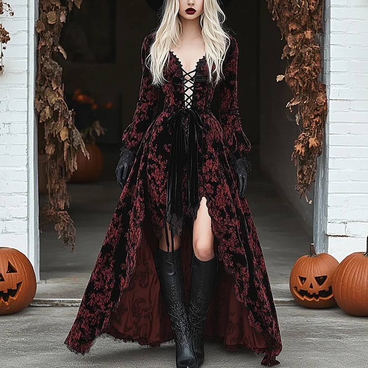 Halloween Party Gothic Witch Velvet Lace Splicing Dress