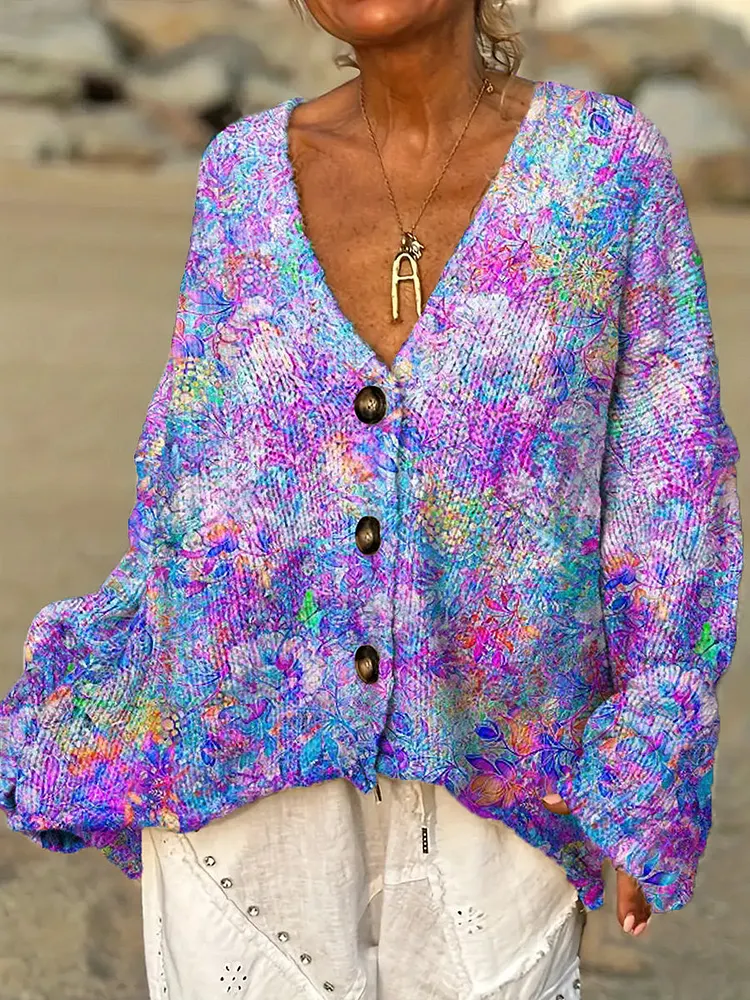 Women's Beautiful Purple Abstract Floral Painting Art Print Casual Pullover Sweater