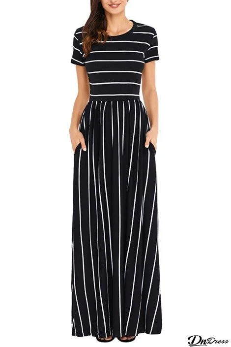 White Black Striped Short Sleeve Maxi Dress